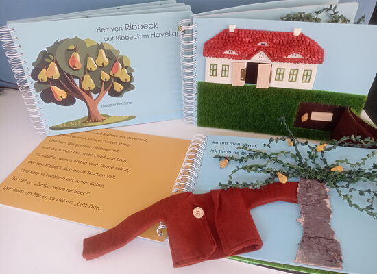 Seiten aus dem Ribbeck-Tastbuch: Birnbäume, ein großes Haus und ein kleiner Pullover sind zu erkennen.